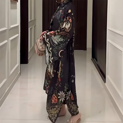 Women’s Printed V-Neck Loose Long-Sleeve Maxi Dress - Seldom Seen Styles
