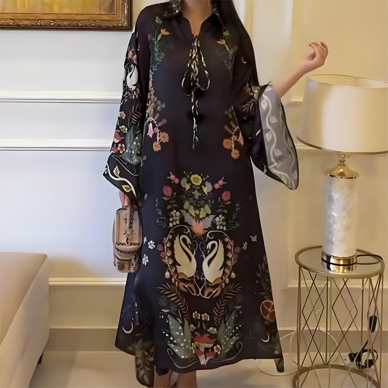 Women’s Printed V-Neck Loose Long-Sleeve Maxi Dress - Seldom Seen Styles