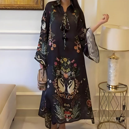 Women’s Printed V-Neck Loose Long-Sleeve Maxi Dress - Seldom Seen Styles
