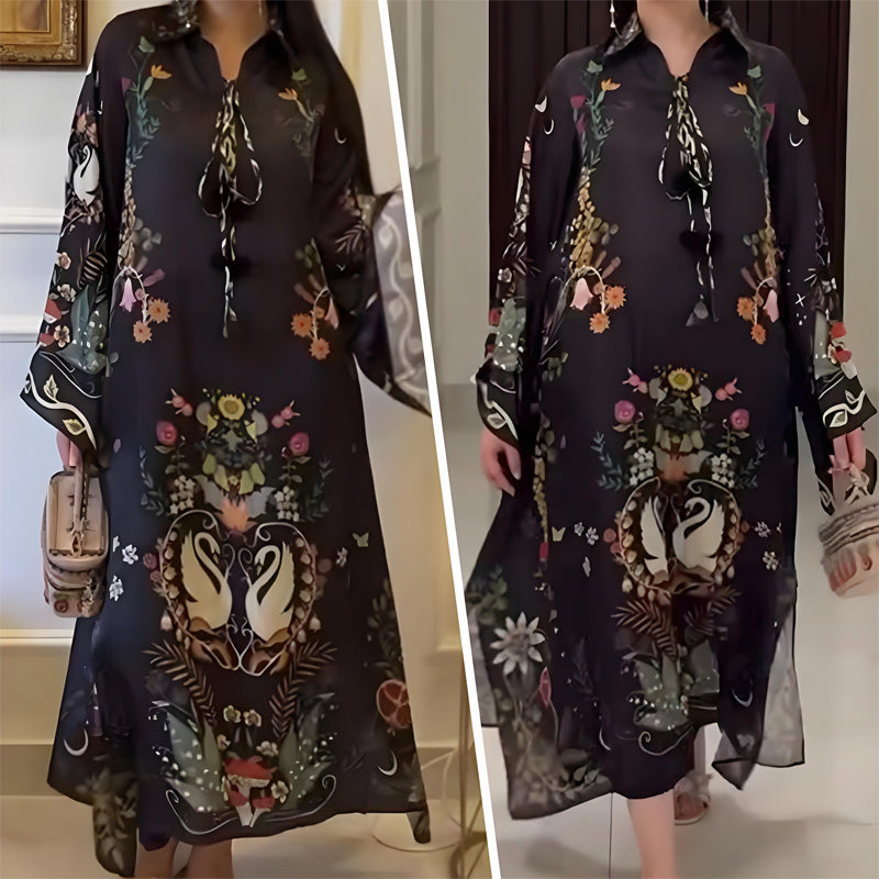 Women’s Printed V-Neck Loose Long-Sleeve Maxi Dress - Seldom Seen Styles