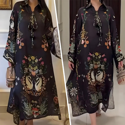 Women’s Printed V-Neck Loose Long-Sleeve Maxi Dress - Seldom Seen Styles