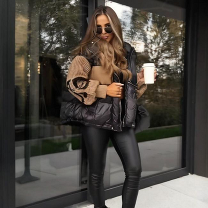 Women’s Patchwork Knit Sleeve Hooded Puffer Jacket