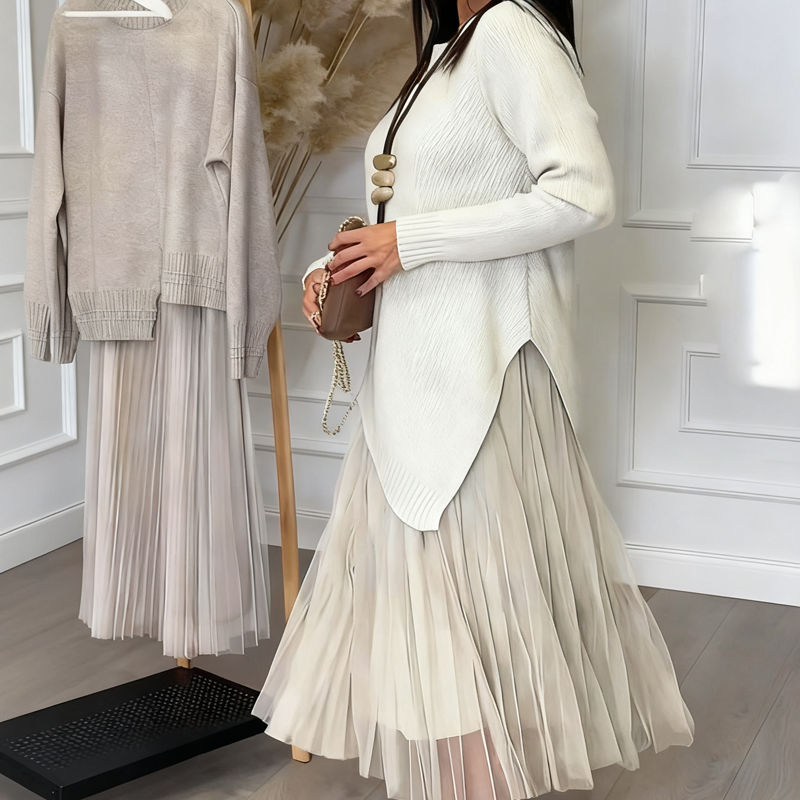 Women’s Irregular Sweater & Pleated Tank Midi Dress 2-Piece Set - Seldom Seen Styles