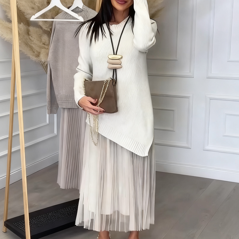 Women’s Irregular Sweater & Pleated Tank Midi Dress 2-Piece Set - Seldom Seen Styles