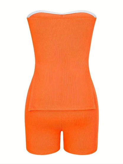 Two-piece Set-Women's-Minimalist-Solid Split Hem Tube Top & Elastic Waist Shorts Two-piece Set,-Lady-Comfort-Sleeveless Strapless Top & Skinny Shorts, Casual Summer Outfits Clothes Set for Outdoor Holiday,-Womenswear-Suits Downtown Girl Clothes - Seldom Seen Styles
