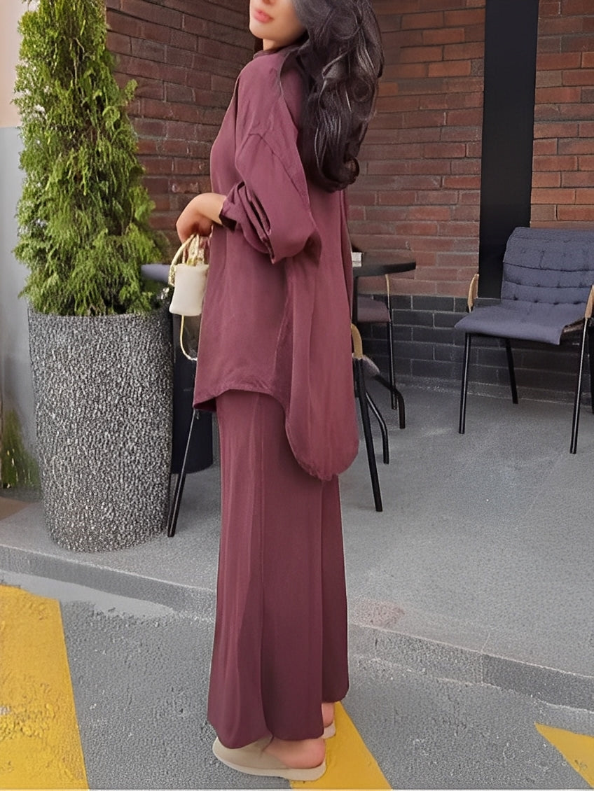 Long-sleeved Tie-Drawstring Shirt and Skirt Set - Seldom Seen Styles