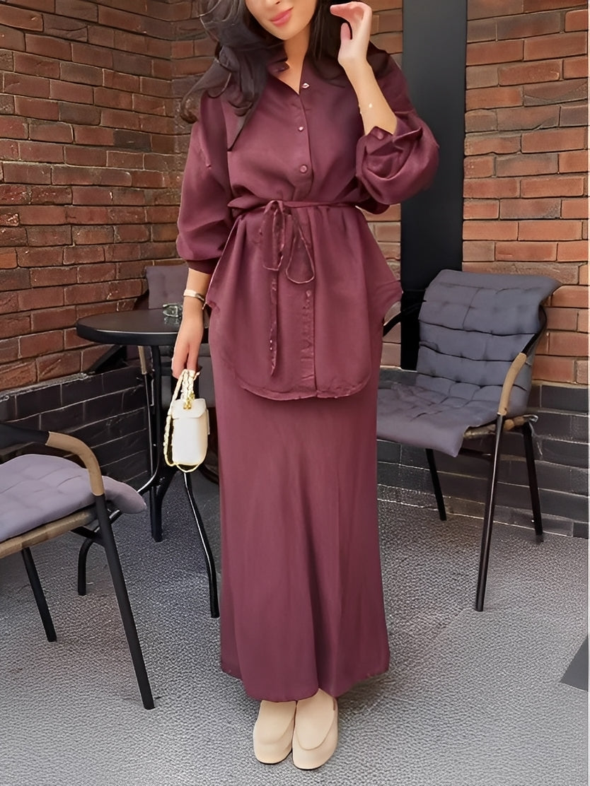 Long-sleeved Tie-Drawstring Shirt and Skirt Set - Seldom Seen Styles